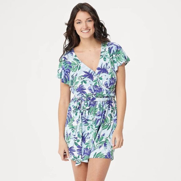 Du Jour Printed Faux Wrap Front Blue Multi Romper P3516 - Picture 1 of 13